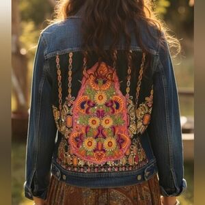 Custom upcycled boho jean jacket size L